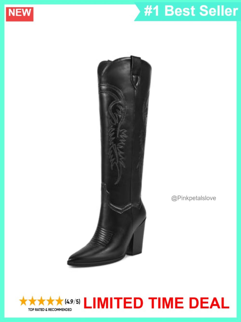 PU Leather Knee High Western Cowboy Boots Pointed Toe Chunky Heel